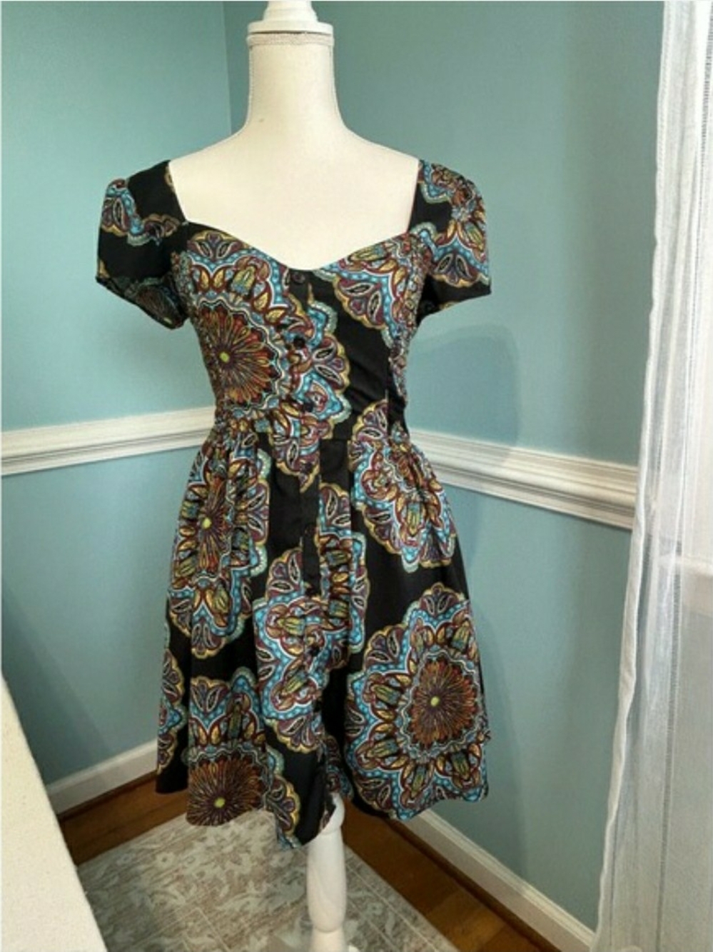💎Black Paisley Band Of Gypsies S Medallion Fit-and-Flare Dress